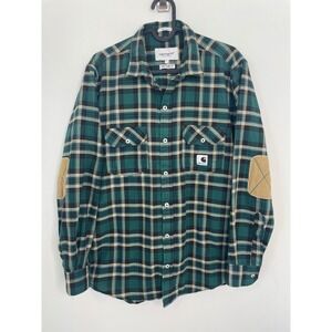 Carhartt WIP Button Down Flannel Plaid Shirt Green Large